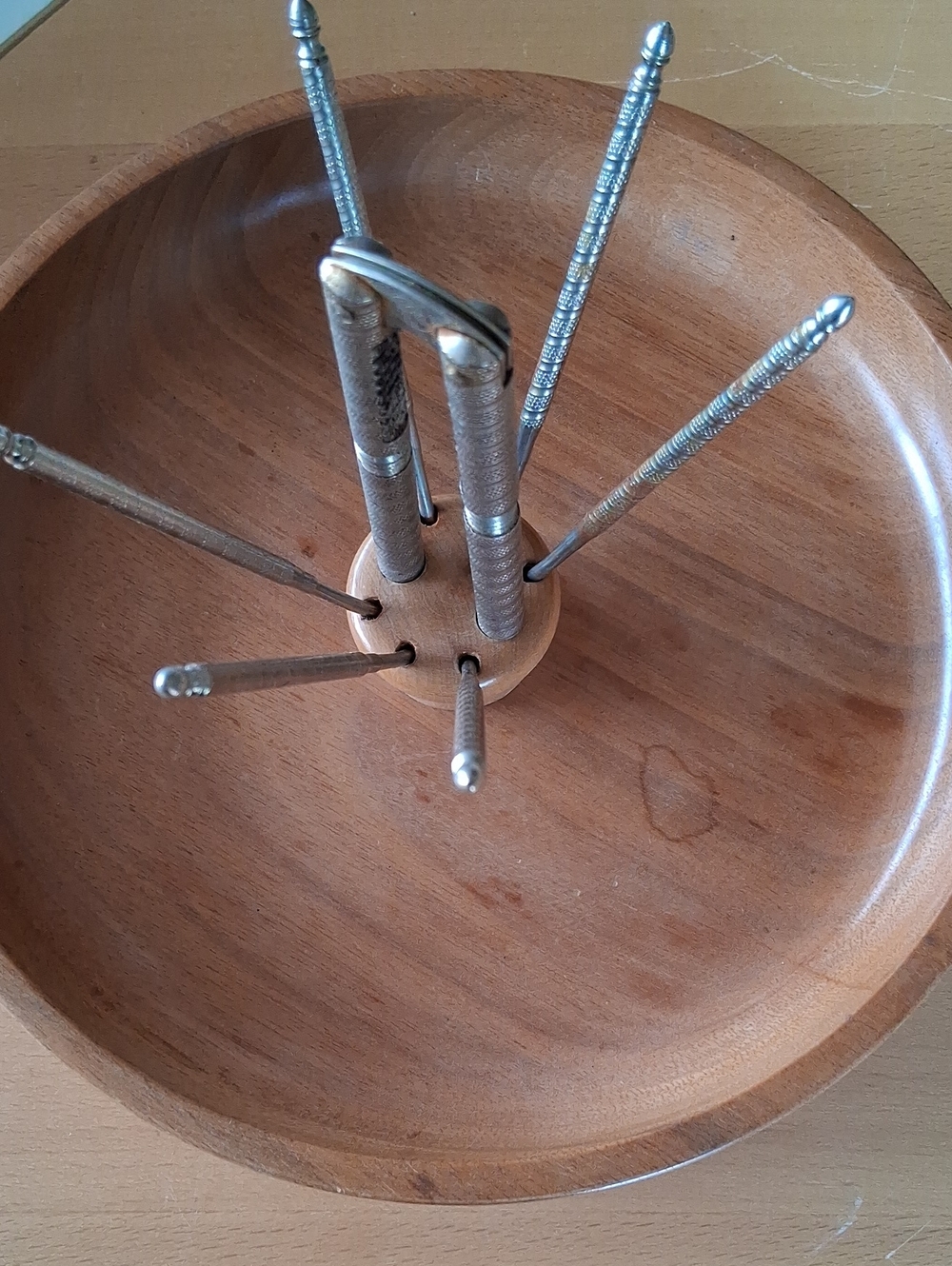 Vintage Wooden Nut Bowl Set With Crackers & Picks